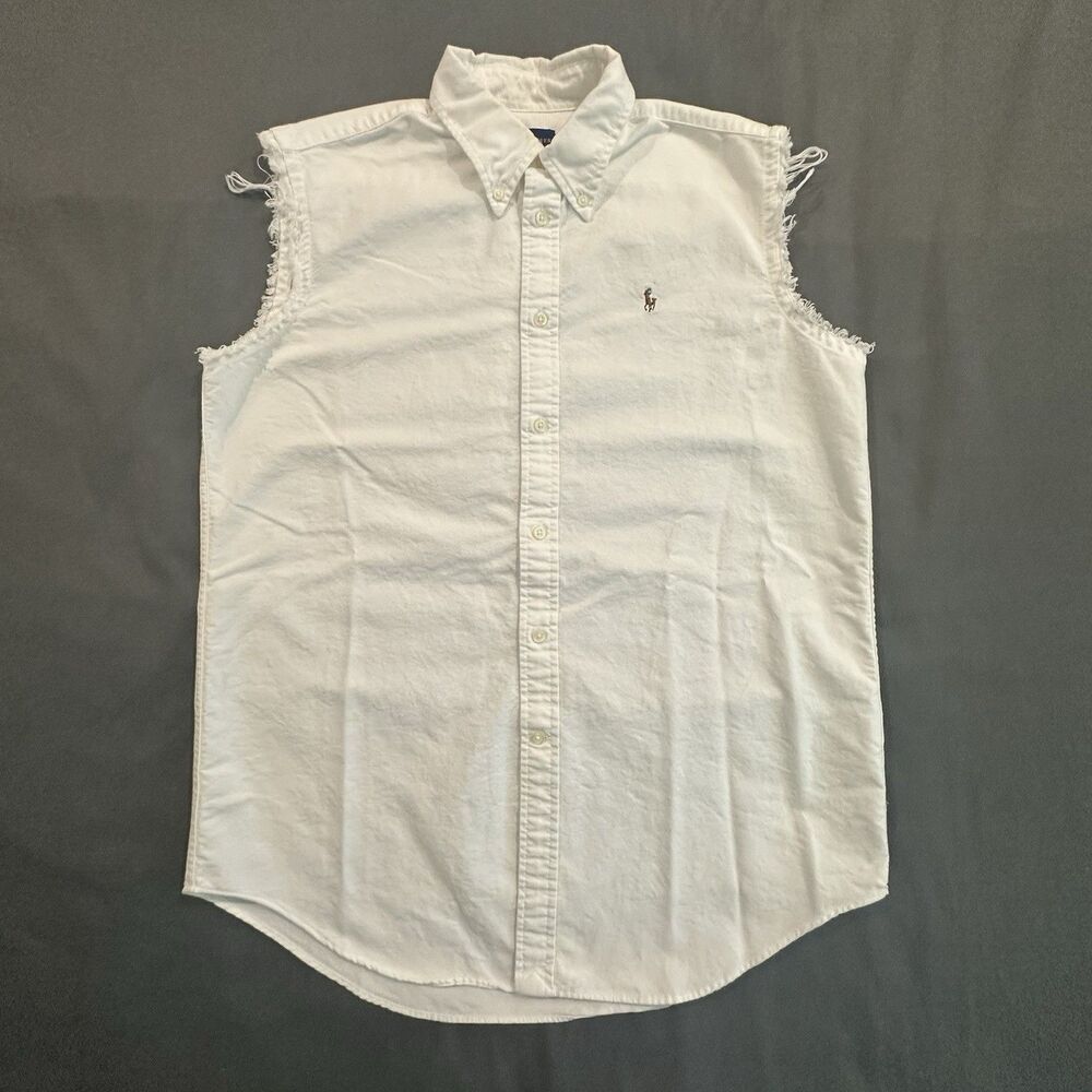 Polo Ralph Lauren Sleeveless Oxford Shirt Womens M White Cotton Raw Fray Pony